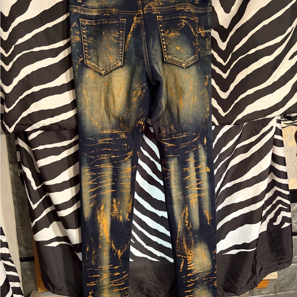 Women's Boot Cut Jeans - Distressed Blue and Tan